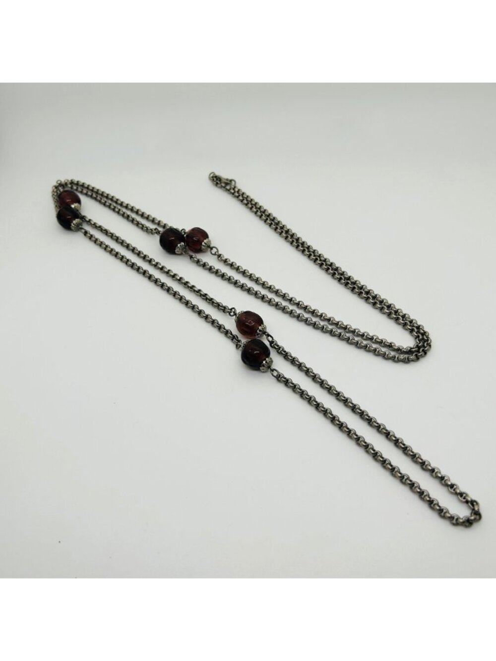 Vintage Long Silver Tone Chain Necklace Plum Purple Glass Bead Flapper Opera Sty